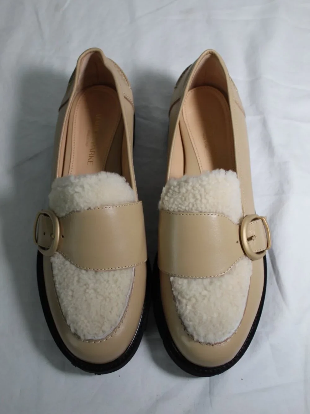 NEW Marion Parke Sawyer Loafers Two Tone Buckle Shearling Vamp Flats Slip Ons 40